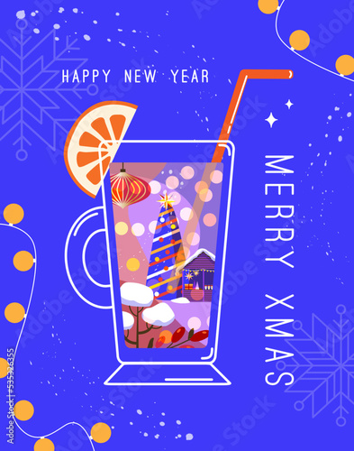 Merry Christmas and New Year greeting vector card, party invitation. Cocktail, drink glass with orange fruit slice. Abstract winter holiday landscape in wineglass. Traditional Christmas fair concept