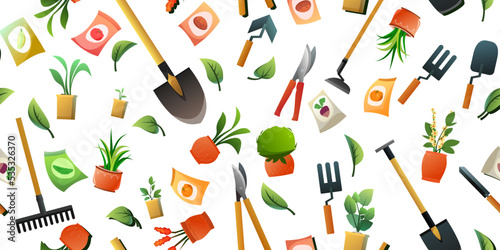 Agricultural rural garden tool. Seamless pattern. Isolated on white background. Fruit branches and leaves. Shovels rakes and hoes. Packets of vegetable seeds. Flower pots with indoor plants. Vector