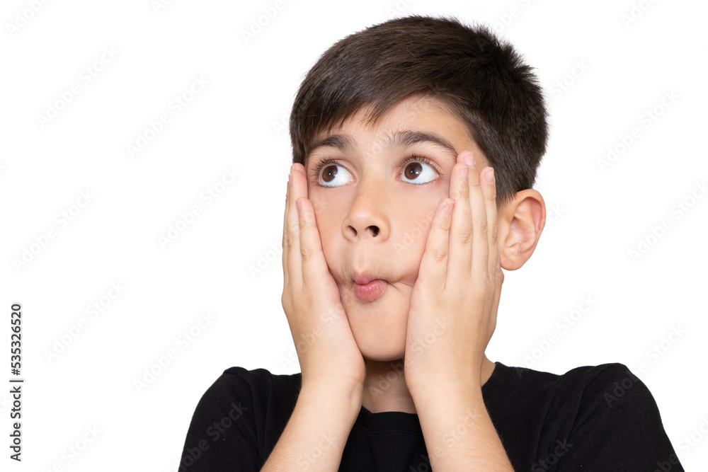Portrait of thoughtful confused cute boy over white background. Portrait of thoughtful confused cute boy over white background.