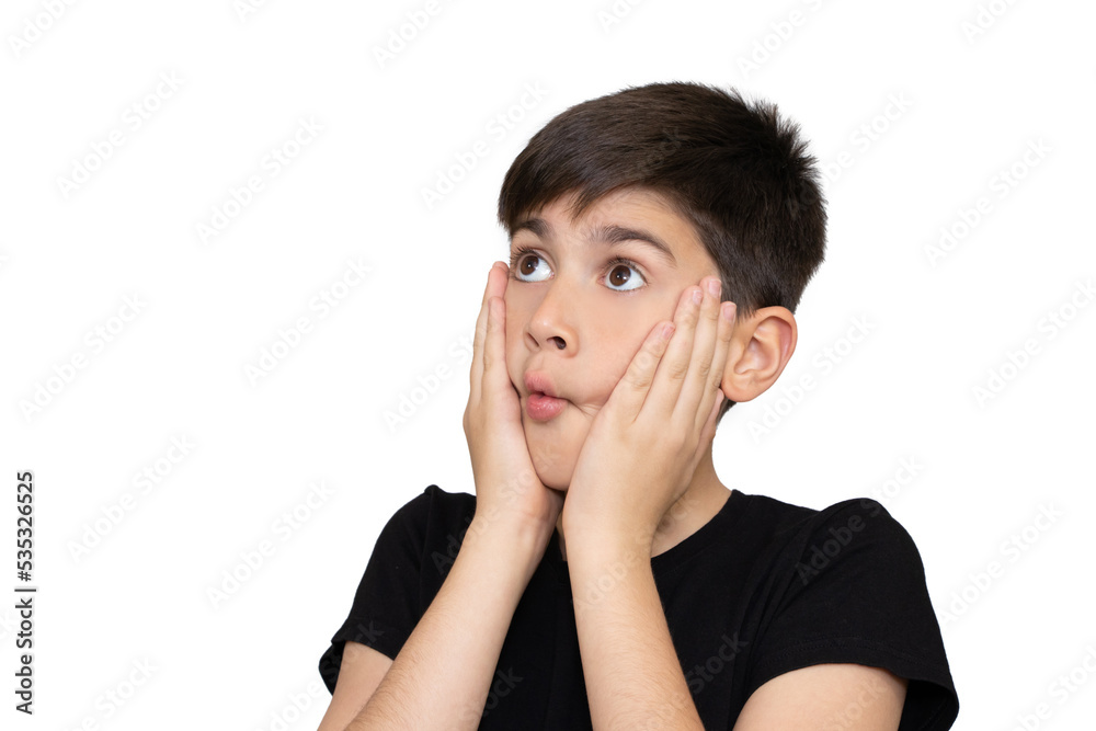 Portrait of thoughtful confused cute boy over white background. Portrait of thoughtful confused cute boy over white background.