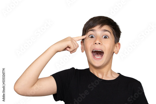 Closeup Portrait of gestured child on white background. Boy found the idea or solution