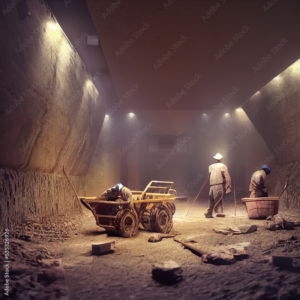 Miners Working in Mine - Digital Art, Concept Art, 3D Rende Stock
