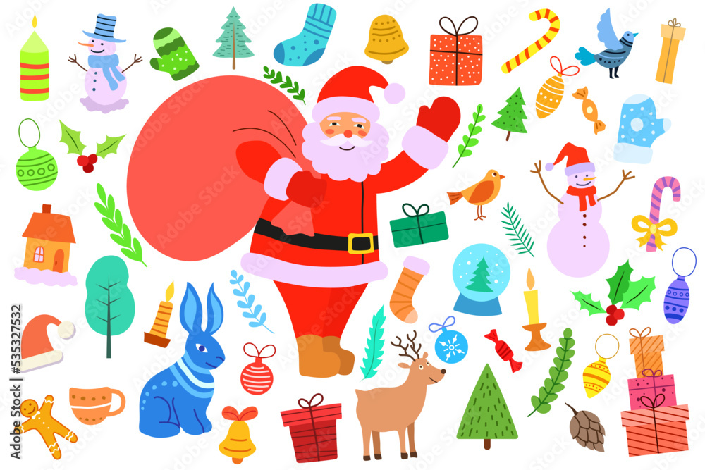 Christmas graphic set for decorating for the new year. Santa and Christmas tree toys, candy, presents, animals, bunny, reindeer, birds and snowman. Vector illustration in flat children's style