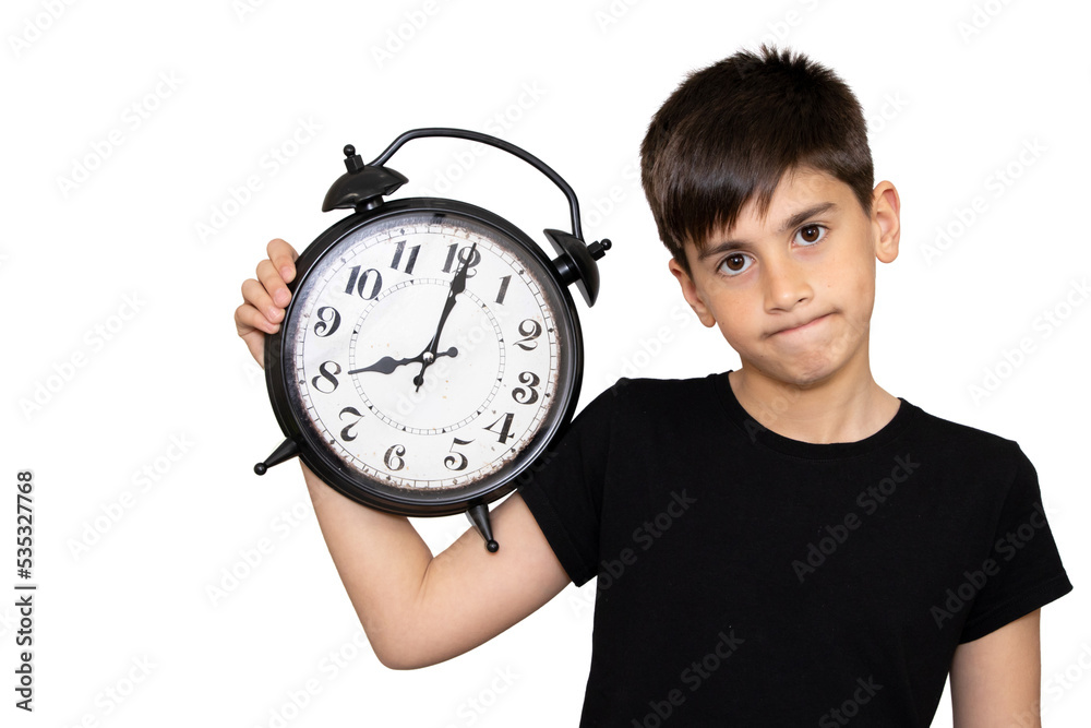 Image of cheerful little kid child standing isolated over white background. Looking camera pointing to clock alarm. Image of cheerful little kid child standing isolated over white background. Looking camera pointing to clock alarm.
