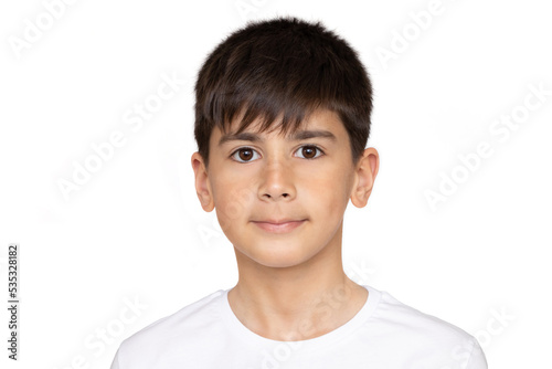 Photo of adorable young happy boy looking at camera.Isolated on the white background