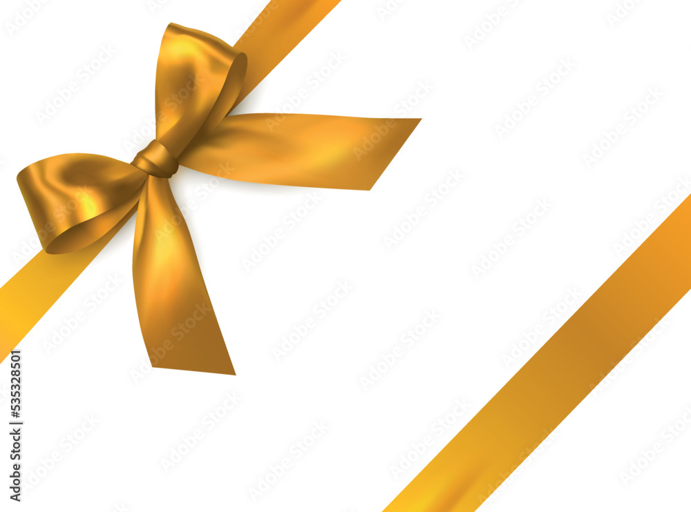 Vector bright gold shiny ribbon with decorative bow on white background - invitation, gift wrapping or card design Vector bright gold shiny ribbon with decorative bow on white background - invitation, gift wrapping or card design