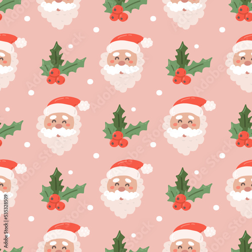 Cheerful Santa face with holly on pink background with snowflakes, vector seamless Christmas pattern