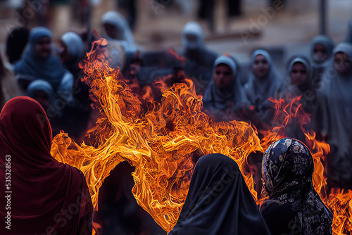 3d illustration closeup and vivid portrait of Iranian woman burning her hijab during protests against oppression of women photo