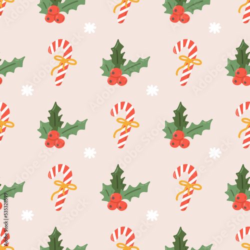 Candy cane and holly berries with snowflakes  vector seamless Christmas pattern