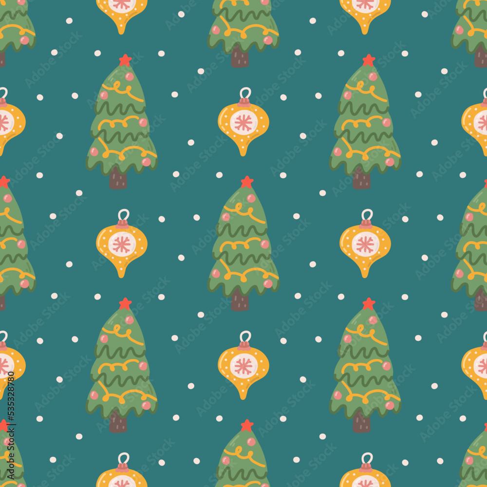 Christmas vector seamless pattern in flat style, Christmas tree and decoration on green background