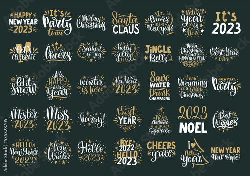 Merry Christmas and Happy New Year lettering. Winter holiday greeting card, xmas quotes and phrases illustration set. Typography collection for banners, postcard, greeting cards, gifts
