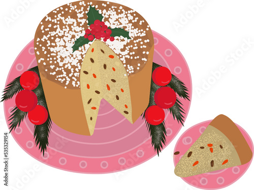 Christmas traditional sweet bread cake Panettone.Italian Panettone Christmas cake. Traditional sweet bread. Colorful cartoon-style illustration for a cafe, bakery, restaurant menu or logo and label.