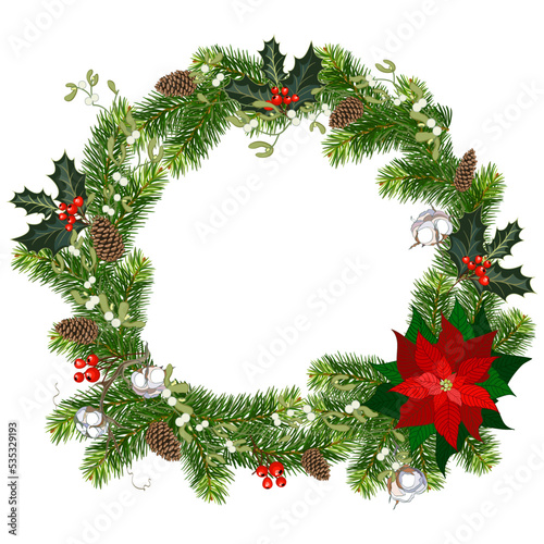 Christmas wreath with poinsettia and cotton