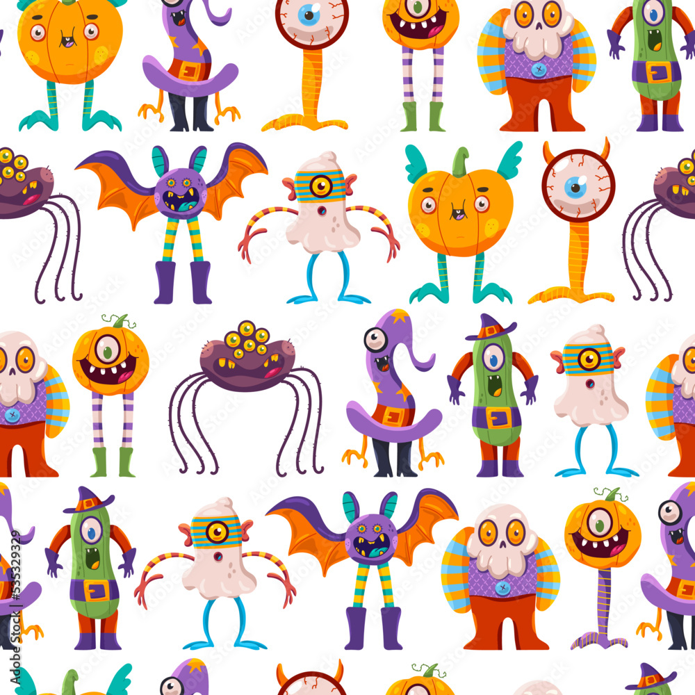 Naklejka premium Funny Halloween characters vector cartoon seamless pattern background for wallpaper, wrapping, packing, and backdrop.