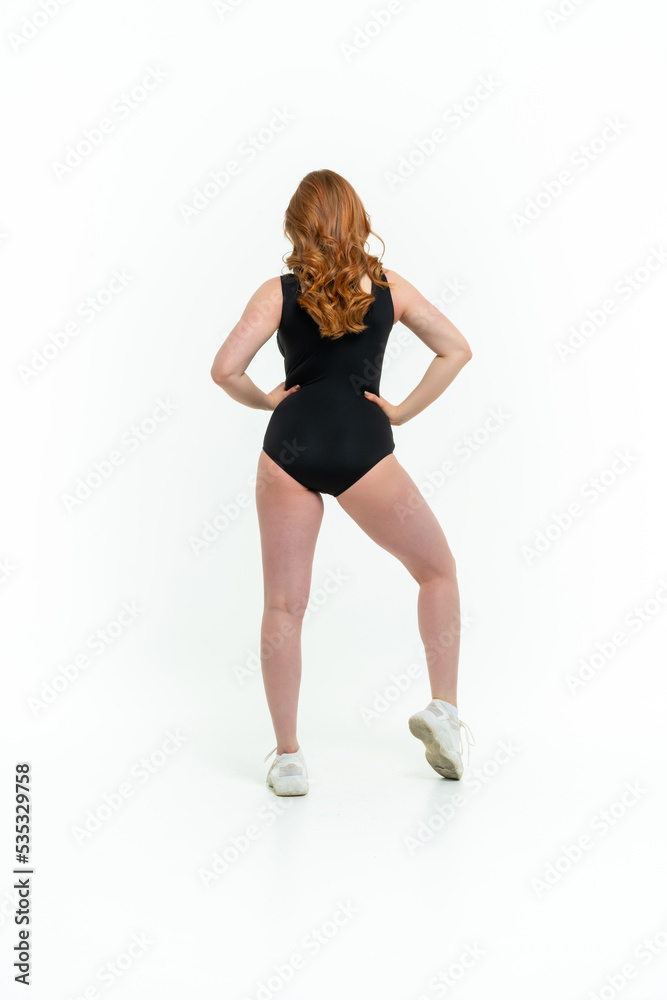 model size posing bodysuit on white background