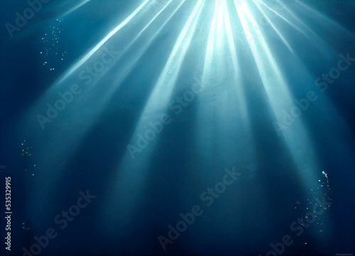 Illustration of deep underwater with sunlight flares. Deep sea water background. 3D image. Used neural network for drawing.