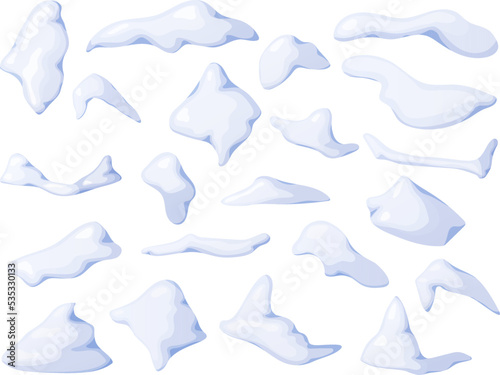 Snow caps and snowdrifts set. Snowy elements isolated on white background. Vector template in cartoon style