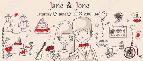 Doodle wedding set for invitation cards, including template design decorative elements