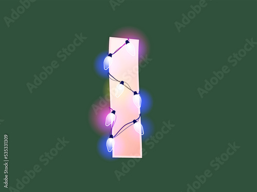 English alphabet vector illustration. Type with glowing Christmas lights and bulbs. Celebrational letters for decoration. Festive set in playful style. Letter I
