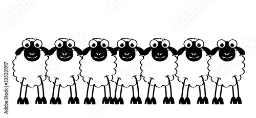 Cartoon, comic cute black and white sheep stickman. sheep icon. Drawing black sheep lamb sign or pictogram. Stick figure character. Happy animal face.