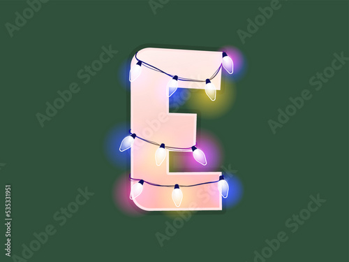 English alphabet vector illustration. Type with glowing Christmas lights and bulbs. Celebrational letters for decoration. Festive set in playful style. Letter E