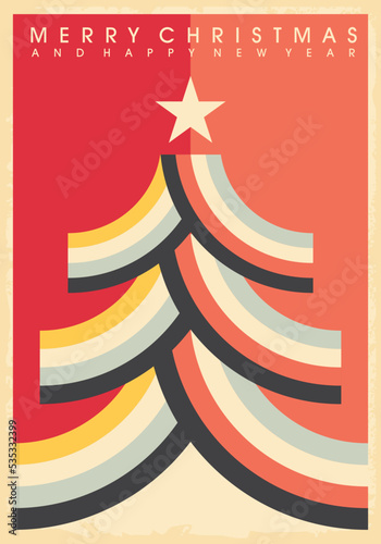 Christmas tree abstract poster or greeting card design layout. Retro vector illustration for winter holidays.