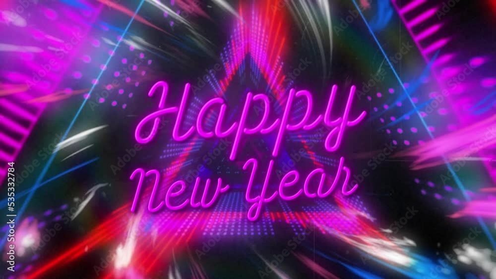 Animation of happy new year text over tunnel Animation of happy new year text over tunnel