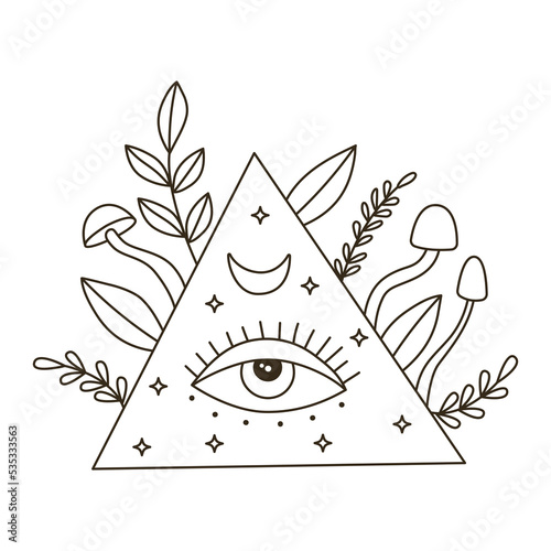 70s vector psychedelic religion symbol. Eye of providence in outline style. Fortune teller hippy line drawing. Vintage boho sign
