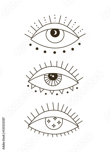 Psychedelic outline eyes of providence with abstract symbols. Hippie sketch elements for design and print. Black line hippy poster. Vintage boho illustration