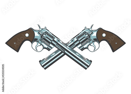 Vector illustration of two Сolt magnum revolvers symbolically crossing like a coat of arms on a white isolated background