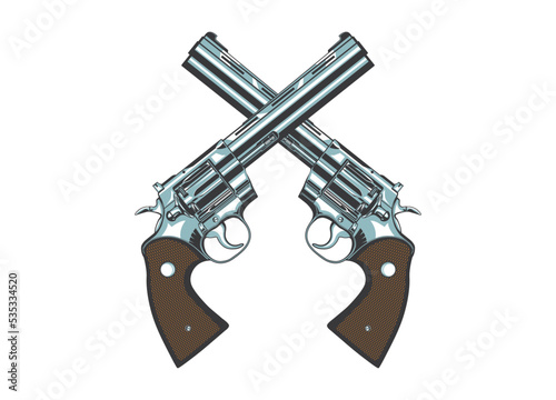 Vector illustration of two Сolt magnum revolvers symbolically crossing like a coat of arms on a white isolated background