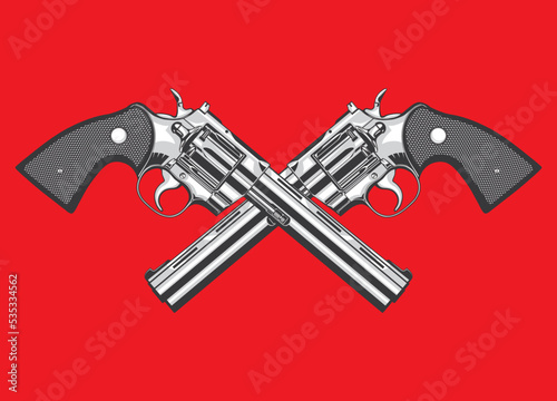 Vector illustration of two Сolt magnum revolvers symbolically crossing like a coat of arms on a red isolated background in monochrome