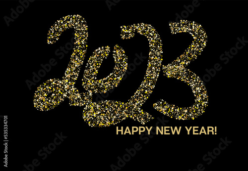 Gold Glitter 2023 Confetti Celebration Banner. VIP 2023 New Year Pattern. 2023 Happy New Year Card Design. Winter Holiday Banner. Premium Winter Card for Congratulation.  Christmas Logo Wallpaper.