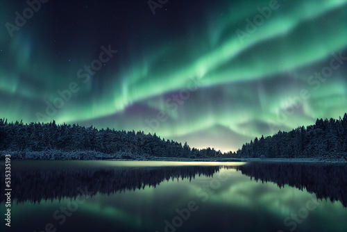 Beautiful Norwegian landscape with aurora borealis