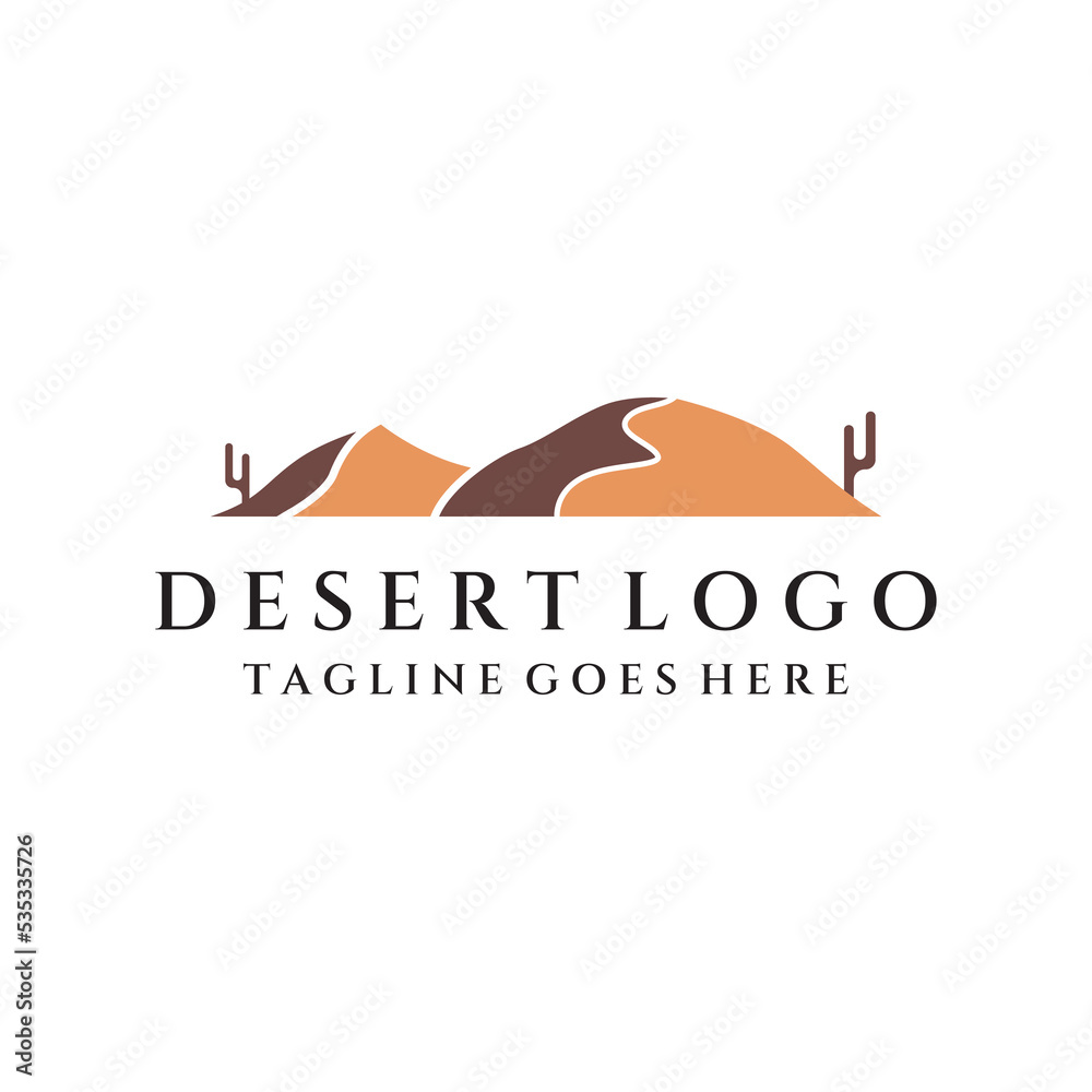Hot desert and dunes abstract logo template vector design with cactus showing sand dunes isolated background.