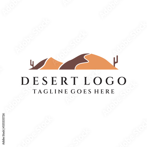 Hot desert and dunes abstract logo template vector design with cactus showing sand dunes isolated background.