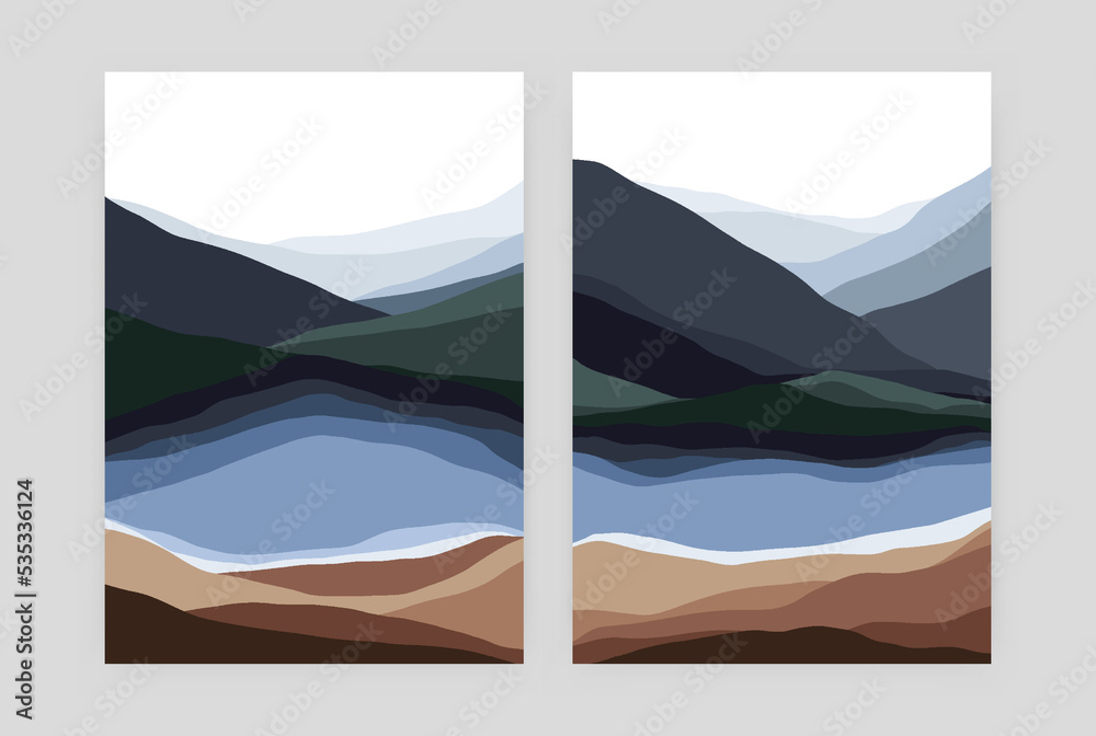Mountain landscape posters. Geometric minimal contemporary scandinavian rock lake background art. Vector abstract set