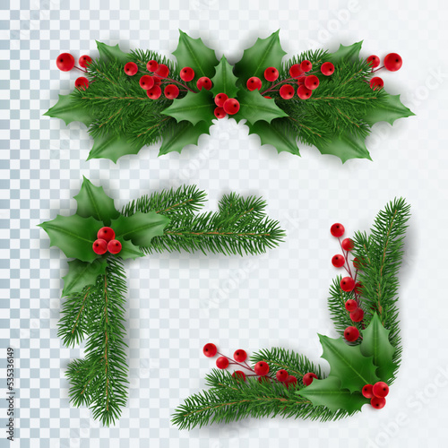 Christmas garland of tree branches, red berries. Realistic looking Christmas tree branches decorated with berries and leaves
