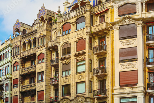 Facade of medieval buildings in the city center of San Sebastian Basque country, Spain