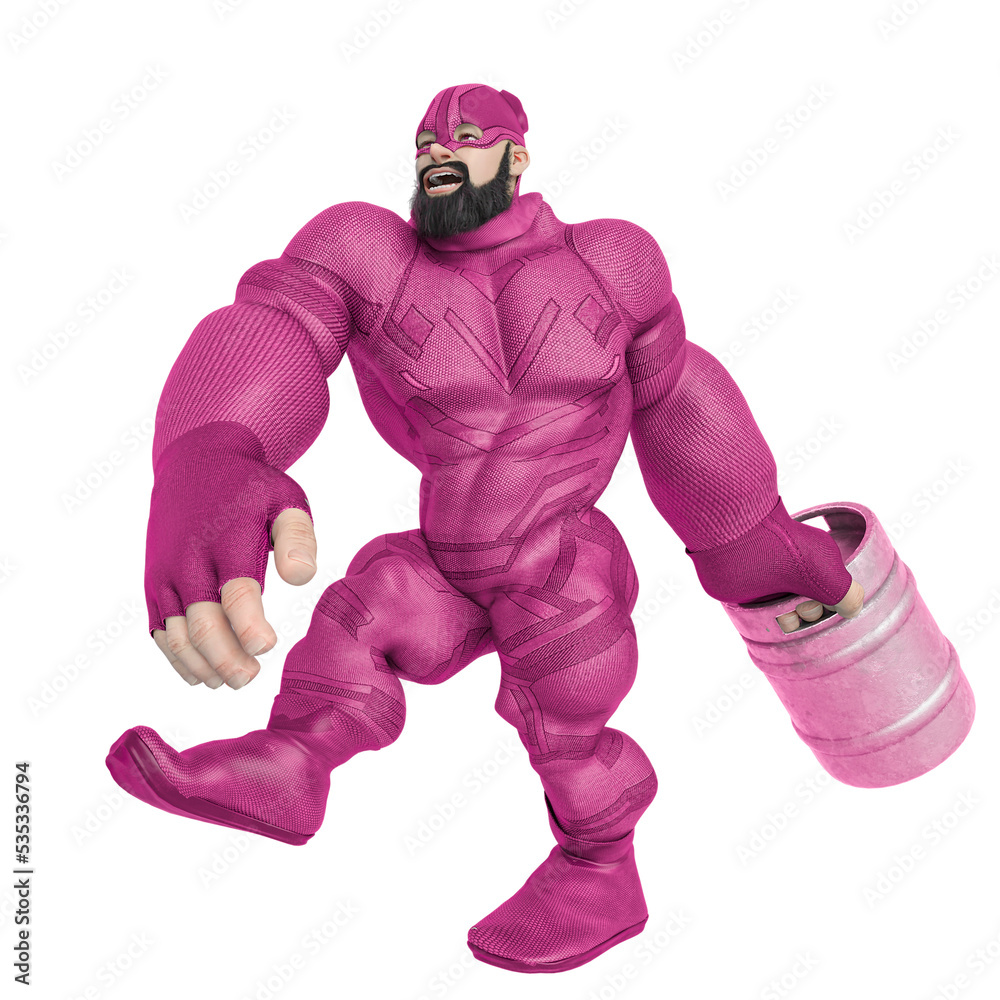 super hero cartoon with beard on suit is caring a steel keg