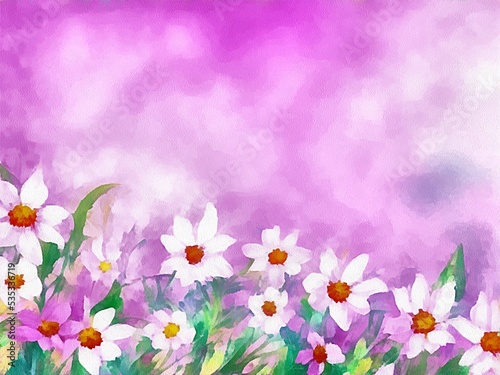 Digital drawing of nature floral background with beautiful flowers   painting on paper style