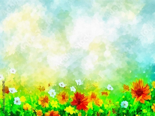 Digital drawing of nature floral background with beautiful flowers, painting on paper style
