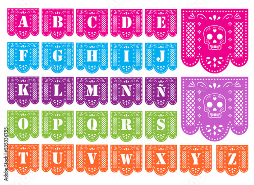 Papel picado con las letras del abecedario y con una calavera, en diferentes colores photo