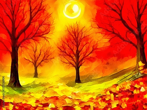 Digital drawing of haloween nature background with orange trees,  painting on paper style