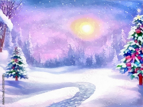 Digital drawing of christmas nature background with snow and christmas trees,  painting on paper style © Tilra