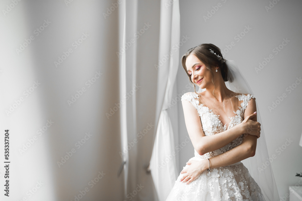 Gorgeous bride in robe posing and preparing for the wedding ceremony face in a room Gorgeous bride in robe posing and preparing for the wedding ceremony face in a room
