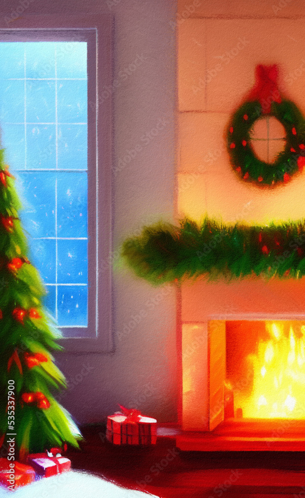 Cute living room decorated for Christmas illustration. Christmas or New Year cozy interior, digital painting wall art. Good for print, card, invitation, postcard, poser design. Christmas celebration.