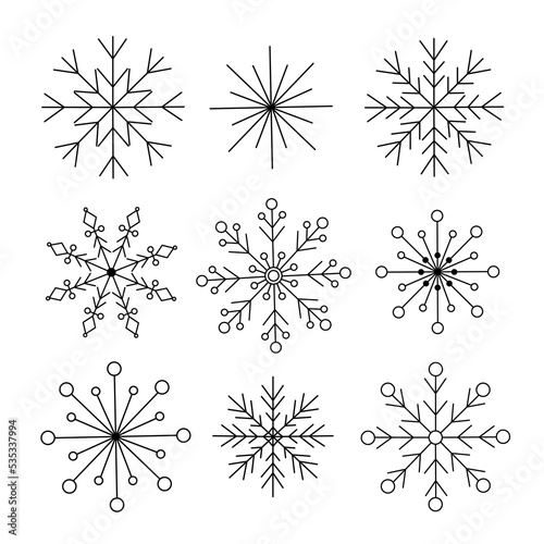 Snowflakes Christmas set simple doodle linear hand drawn vector illustration  winter holidays New Year elements for seasons greetings cards  invitations  banner  poster  stickers