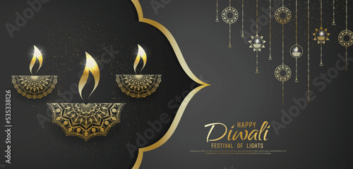 Happy Diwali - festival of lights colorful banner template design with decorative diya lamp. vector illustration.