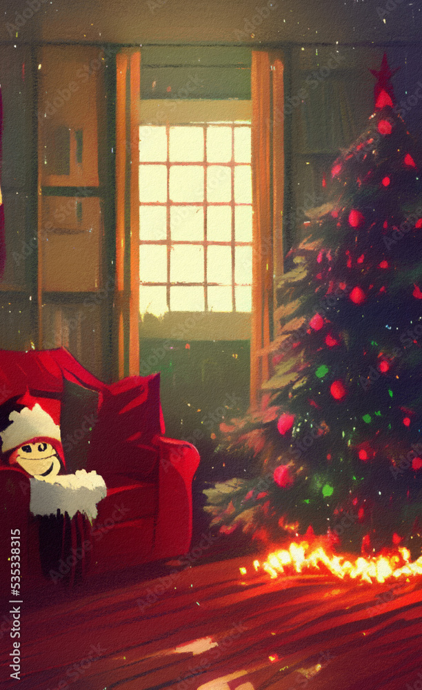 Obraz premium Cute living room decorated for Christmas illustration. Christmas or New Year cozy interior, digital painting wall art. Good for print, card, invitation, postcard, poser design. Christmas celebration.